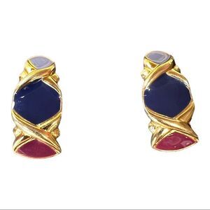 TRIFARI Women’s Vintage Three Tone Enamel Pierced Earrings Blue/Purple/Gold